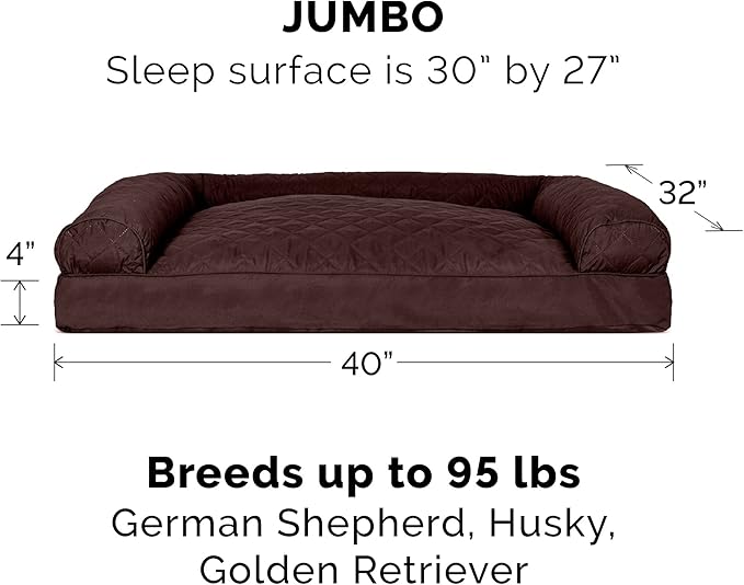 Furhaven Pillow Dog Bed for Large Dogs w/ Removable Bolsters & Washable Cover - Quilted Sofa - Coffee, Jumbo/XL