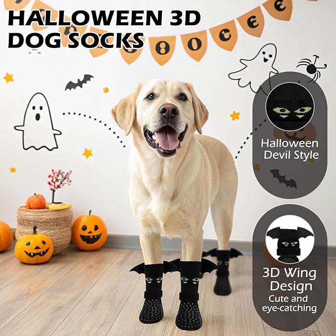 EXPAWLORER Halloween Anti Slip Dog Socks to Prevent Licking Paws, Boots & Paw Protectors with Grippers,Doggie Booties for Hardwood Floors for Small Medium Large Senior Dogs Costume Black Devil Wings S