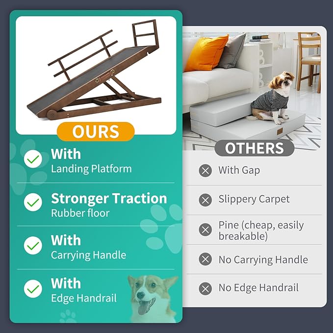 Dog Ramp, 5 Level Adjustable Height Folding Pet Ramp for High Bed, Portable Paw Ramps Large Bed Ramp for Medium & Large Old Dogs & Cats - Natural Wood Furniture Quality