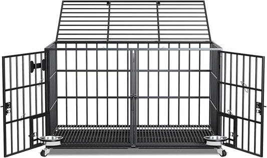 54 inch XL Dog Crate for Large Dog/Double Medium Dogs,Heavy Duty Metal Dog Cages,All Metal Open Top,Dog Kennel Indoor with Wheels,Floor Grid, Tray, Divider and Feeding Bowl