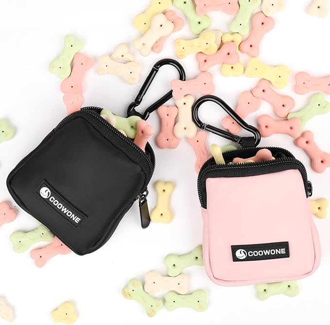 Dog Treat Pouch 2 PCS, Waterproof Small Dog Treat Bag for Leash, Hands Free Dog Walking Bag with Carabiner, Dog Poop Bag Holder for Pet Puppy Travel or Outdoor Use, Zipper Closure to Avoid Spilling