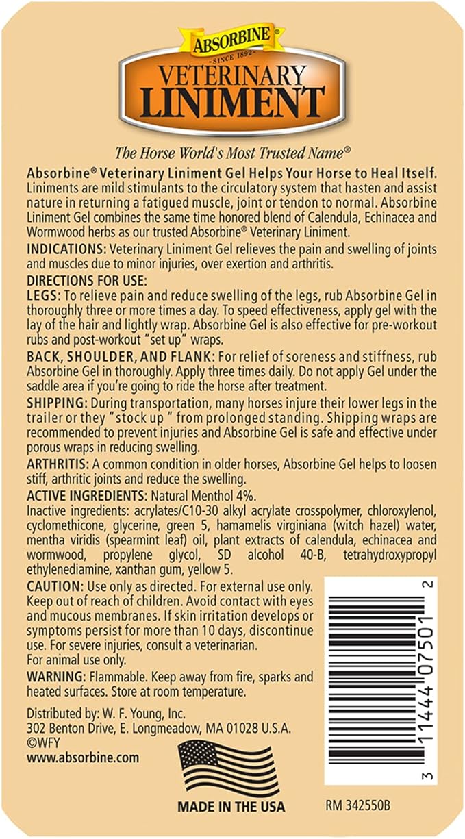 Absorbine Veterinary Liniment Gel, Topical Menthol Analgesic Rub for Sore Muscle, Joint & Arthritis Pain Relief, 12oz Bottle 2-Pack