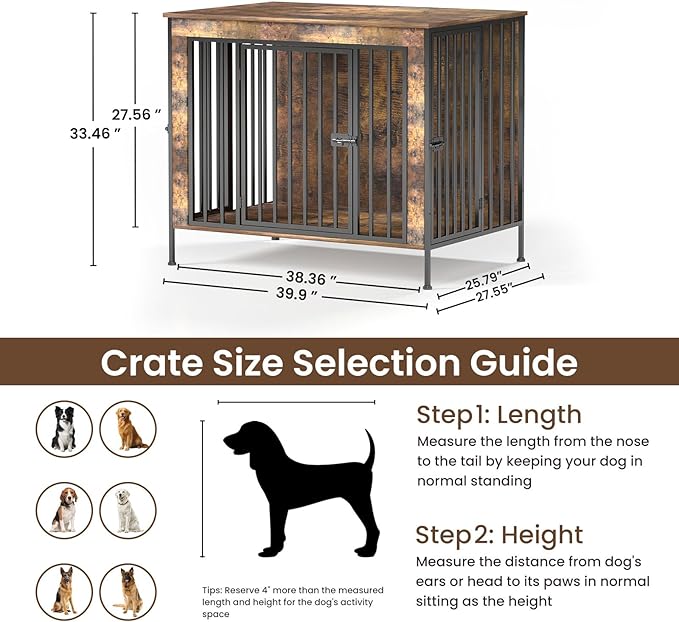Dog Crate Furniture 40" Sturdy Heavy Duty Dog Kennel Solid Metal Tube Thick Wooden with 3 Lockable Doors Single Dog Cage Large Breed as TV Stand End Table for Large Dog Rustic Brown
