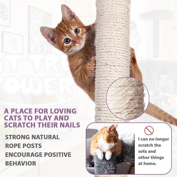 70 Inches Cat Tower for Indoor Cats, Multi-Level Cat Condos with Scratching Posts, Hanging Toys, Ashy