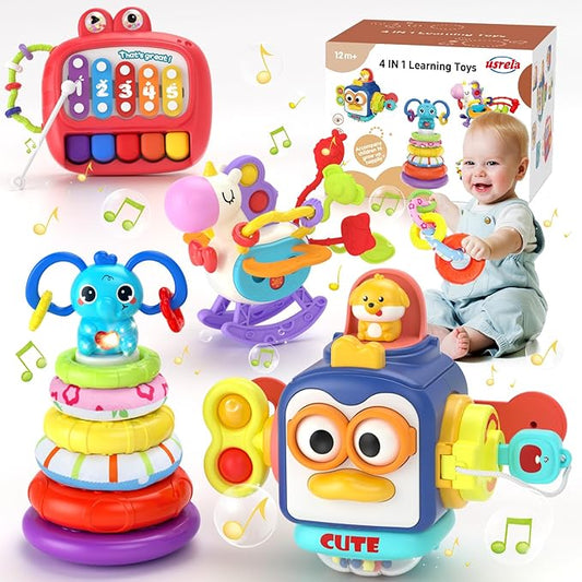 4 in 1 Baby Toys for 6 12 18 Month, Learning Toys for Babies 6-12 Months, Busy Cube, Stacking Sorter, Piano Xylophone Pull String Travel Toy, Birthday Gifts for Toddlers 1 2 Years Old