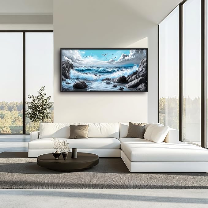 Extra Large Framed Abstract Sea Ocean Wall Art,Black and White Wall Decor, Coastal Seashore Pictures for Living Room,Canvas Print Painting Modern Artwork Bedroom Office Bathroom 60L x 30W