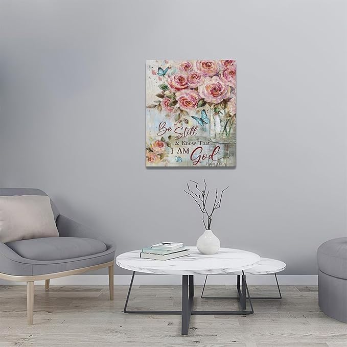 Farmhouse Rose Wall Art Christian Scripture Pictures Pink Rose Wall Decor Rustic Floral Butterfly Canvas Print Painting Artwork for Bathroom Living Room Bedroom 20"x24"