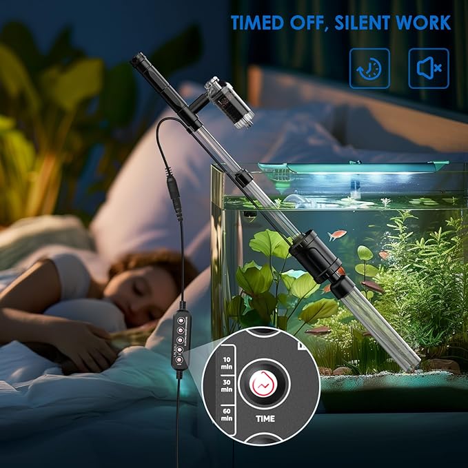 36W Fish Tank Vacuum Gravel Cleaner Electric: Aquarium Vacuum Gravel Cleaner with Strong Suction for Automatic Water Change Algae Cleaner Sand Wash Water Circulation and Water Shower, Timed Off