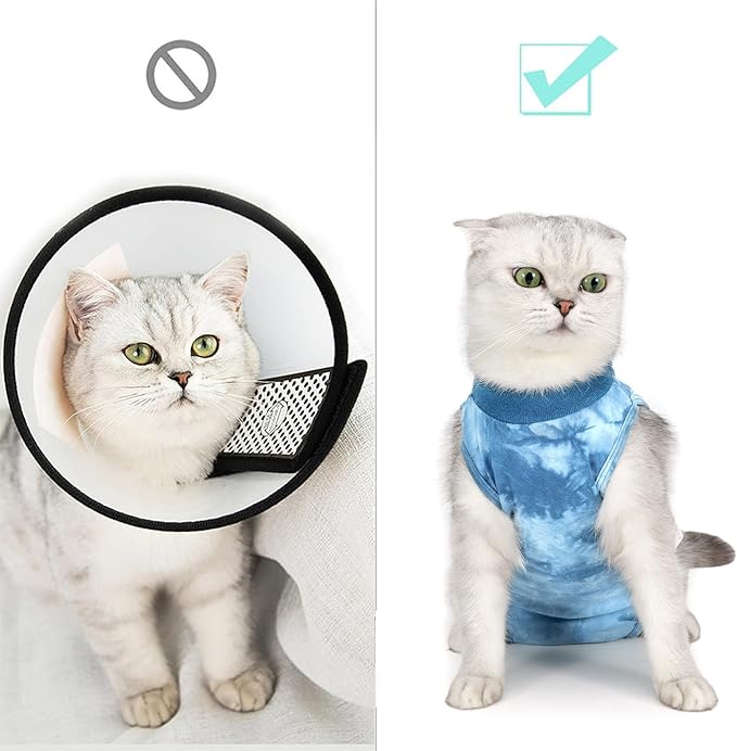 Cat Recovery Suit for Male and Female Surgical Post Surgery Soft Cone Onesie Tie Dye Cats Shirt Clothes Neuter Licking Protective Diapers Outfit Cover Kitten Spay Collar Alternative(Navy Blue, M)