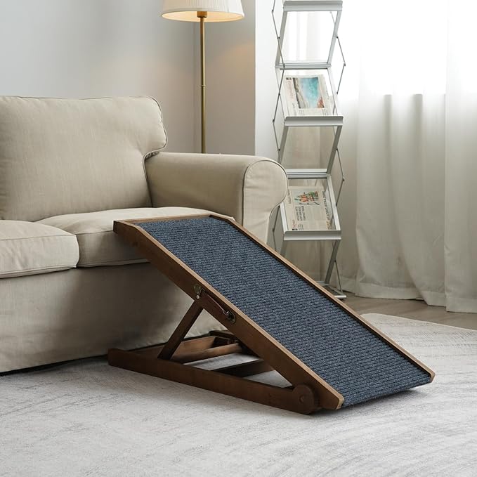 Dog Ramp for Bed Couch - Pet Steps Stairs to Get on Bed Couch 15.7"-23.6" High for Small or Large Dog Up to 200 lbs, Adjustable Wooden Dog Ramp Steps Foldable Portable, Anti-Slip Carpet (Brown)