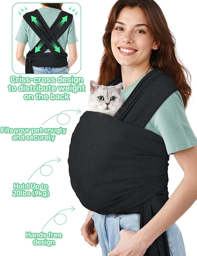 Dog Sling Swaddle Carrier for Small Dog, Cat Front Carriers for Small Pet up to 20lbs, Puppy Pouch with Adjustable Straps, Hands Free Pet Sling, Anti Anxiety Puppy Sling (Black)