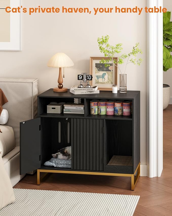 Cat Litter Box Enclosure, Large Hidden Pet Storage Cabinet Furniture with Waveform Fluted Doors & Scratching Pad, Modern Wooden Cat House Indoor for Washroom, Living Room, Bedroom, Black