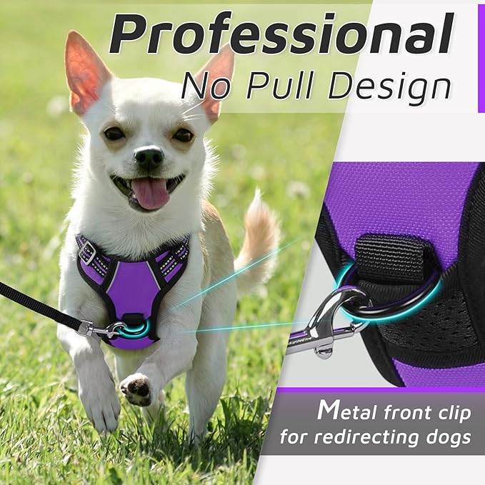 Eagloo Small Dog Harness No Pull, Service Vest with Reflective Strips and Control Handle, Adjustable and Comfortable for Easy Walking, No Choke Pet Harness with 2 Metal Rings, Purple, XS