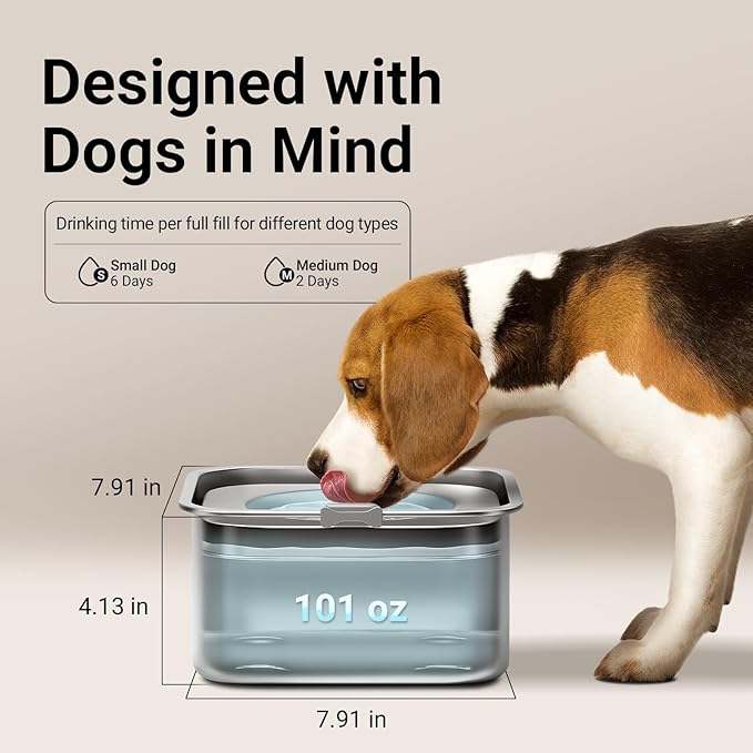 DownyPaws No Spill Water Bowl for Dogs,101oz/3L Stainless Steel Slobber Stopper, No Drip Slow Drinking Dog Water Bowl, No Mess Dog Water Dispenser Spill Proof, Dishwasher Safe, Silver