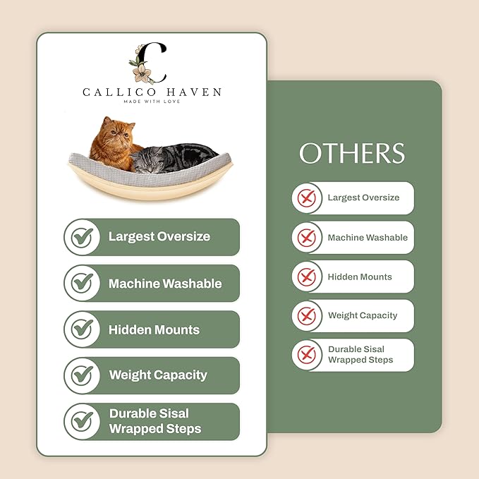 Extra Large 23.6”×14.6” CALLICO HAVEN- Stylish Cat Wall Shelves with Curved Design, Modern Wall-Mounted Cat Tree Hammock with Soft Cushion, Sturdy/Hidden Mounts, Washable Cover, Sleek Design -C Shape