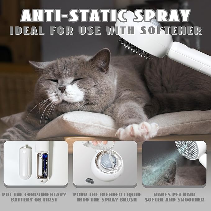 3-in-1 Steam Brush for Cats & Dogs – Hair Removal Comb with One-Click Release & Water Spray – Grooming Brush for Shedding, Long/Short Hair (white brushs)