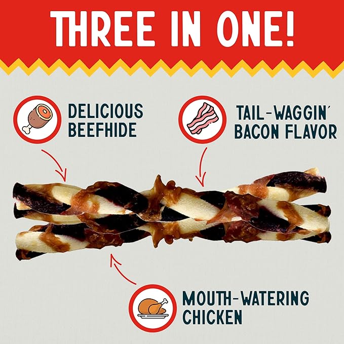 Canine Chews 5" Triple Flavor Rawhide Stick Twists for Small Dogs Dog Treat Dental Stick Chicken, Pork, Beef Flavor Chew Toy (100 Pack)
