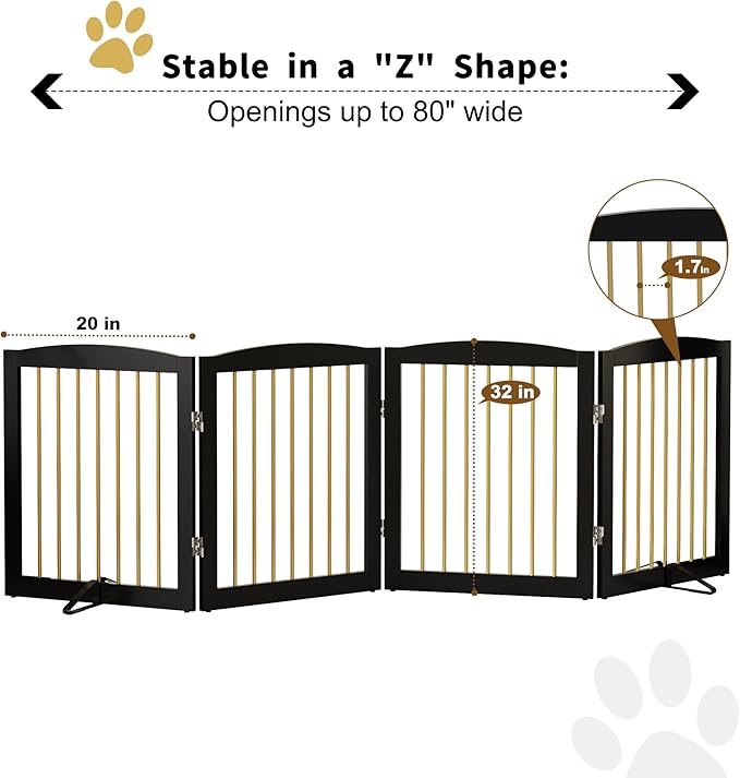 Freestanding Pet Gate for Dogs, Foldable Wooden Dog Gate for House, Indoor Dog Gate for Stairs, Doorways, Step Over Pet Puppy Safety Fence, 80 Inch Wide, 4 Panels 24", Black & Gold