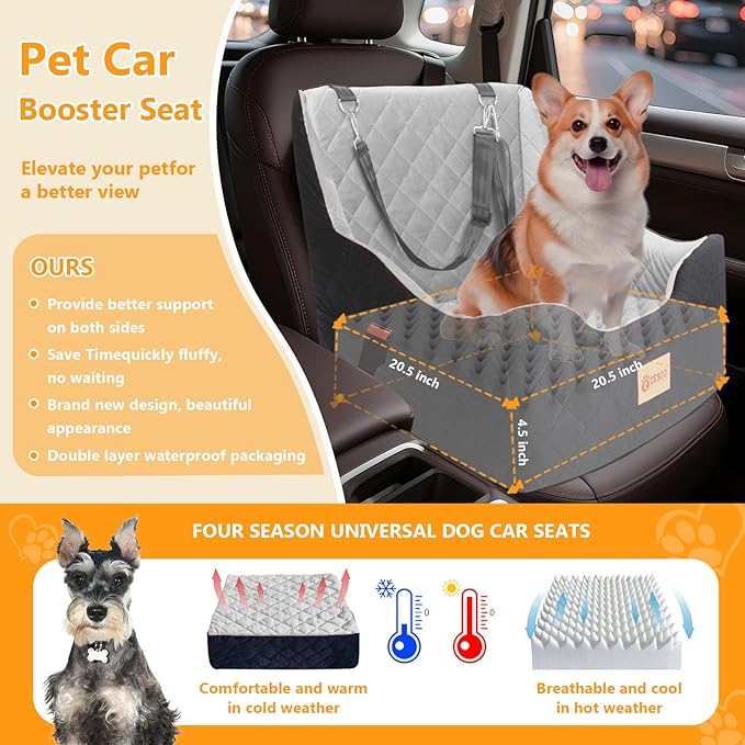 Dog Car Seat for Small/Medium Dogs Under 40lbs, Dog Booster Car Seats Memory Foam and Velvet, Detachable and Washable Pet Booster Carseats with Clip-On Satebelt and Storage Bag.(Black/Gray)