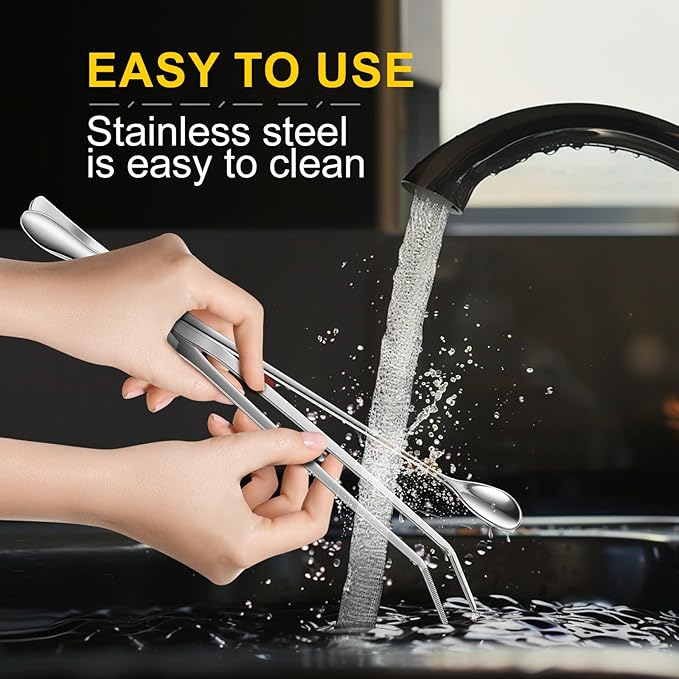 2pcs Reptile Feeding Tongs, Feeding Spoon, Stainless Steel Aquarium Feeding Tools, Curved Long Tweezers 10.6 in, Long Spoon 10 in (Coffee Spoon) for Feeding Lizards, Bearded Dragons and More.