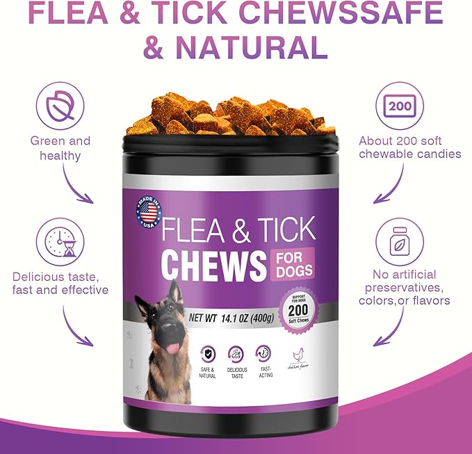 Dog Flea and Tick Treatment Chewable 200 Treatment Chews Natural Soft Chew Fleas Ticks Treatment Dog Oral Chewables Support Supplement Pest Defense Breeds and Ages Dogs Chicken Flavor