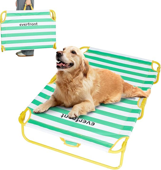 Dog Elevated Bed Foldable Portable Raised Bed Camping cot Outdoor Summer Dog Bed (Large, GreenStripes-Oxford Fabric)