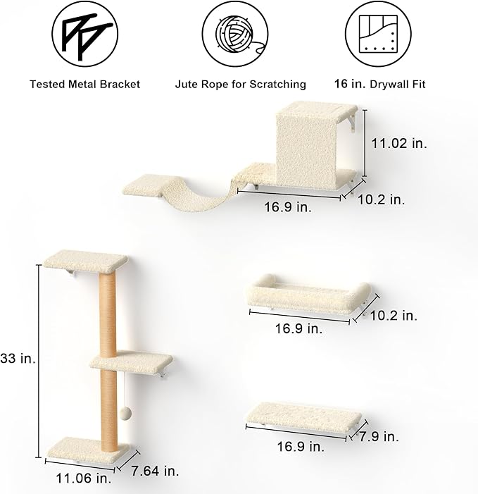 FUKUMARU Cat Wall Shelves, Stable & Safe 4 in 1 Large Cat Walls Furniture Set, Wooden Kitten Climbing Wall with Scratching Post for 16 Inch Drywall - Beige