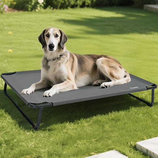 Elevated Dog Beds Extra Large Raised Dog Cots Outdoor Dog Bed Waterproof Pet Cots Stable and Easy Assembly, Teslin Fabric with 1.2mm Thick Iron Frame, Breathable, Ultra-Sturdy，Grey, 54*37*8.7