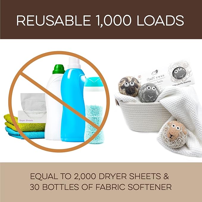 Fluff Ewes Wool Dryer Balls 3 Pack Premium New Zealand Wool Laundry Balls for Dryer, No Static Dryer Balls Laundry Reusable Cute - XL Wool Dryer Balls Cute, Baby Dryer Balls for Dryers - Lights