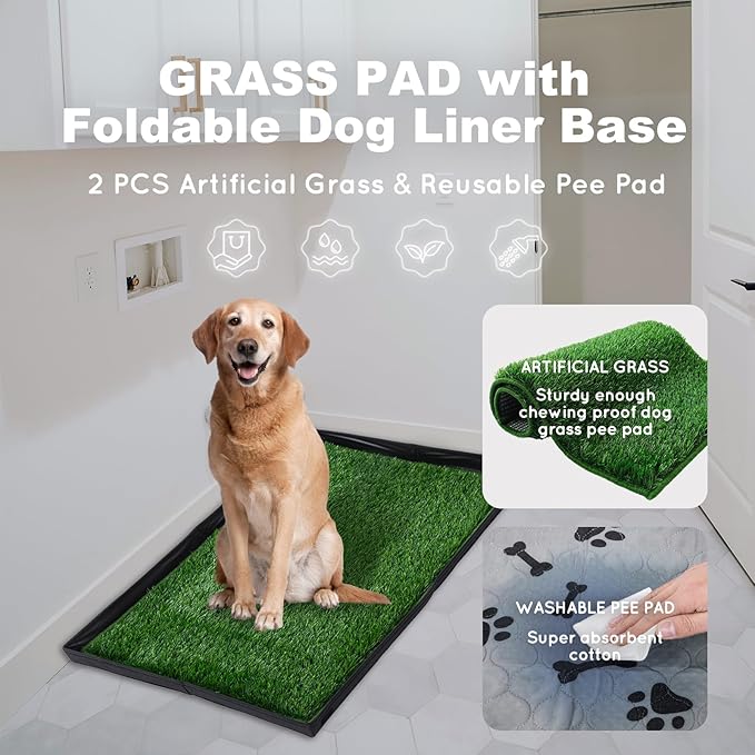 Dog Grass Pad with Foldable Dog Litter Box,Large Liner Base for Balcony，Ultra-Absorbent Artificial Grass Pads for Dogs Pee Pad Holder, Potty Training, 2 PCS Reusable Pee Pad