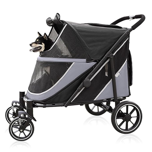 Dog Stroller for Medium/Large Dogs One-Click Folding, Extra Large Pet Stroller for 2 Dogs with Storage Pocket & Shock Absorption, Up to 130 lbs, Grey