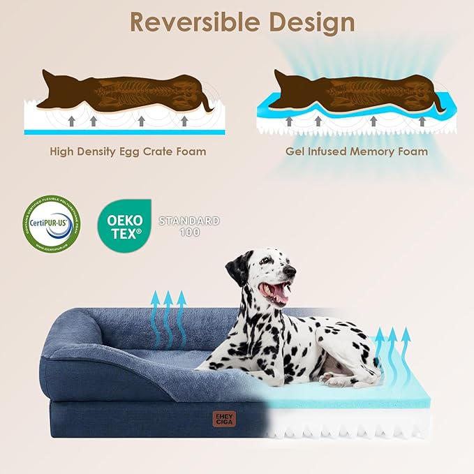 EHEYCIGA Memory Foam Dog Bed for Large Sized, Orthopedic Dog Sofa with Sides and Waterproof Liner, Washable Bolster Pet Couch with Removable Cover, 41x27x7.5 Inch, Navy