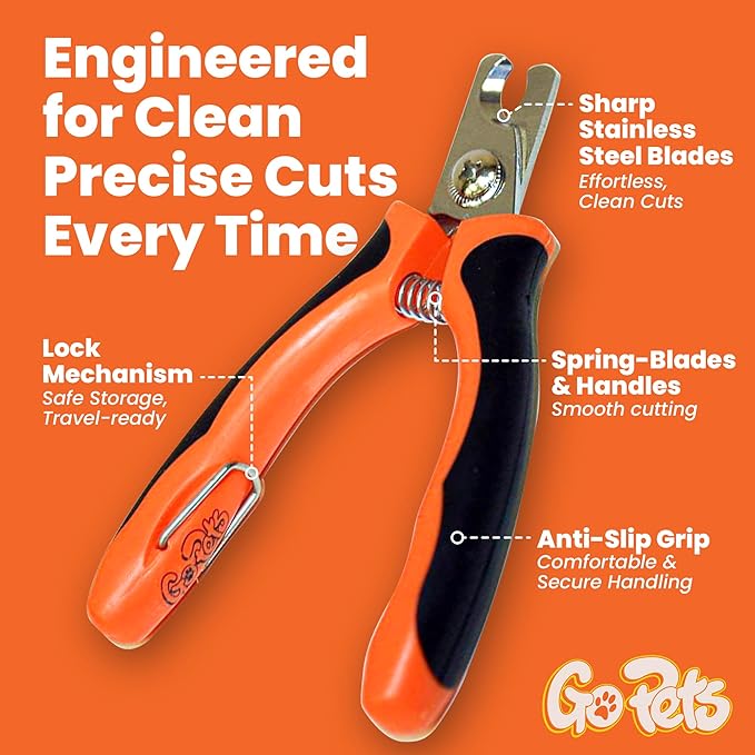 GoPets Nail Clipper for Small to Medium Pets, Quick Sensor Safety Guard, Heavy Duty Trimmer for Thick Nails, Stainless Steel Blades, Grooming Tool for Dogs & Cats, Non-Slip Handle, Built-in Nail File