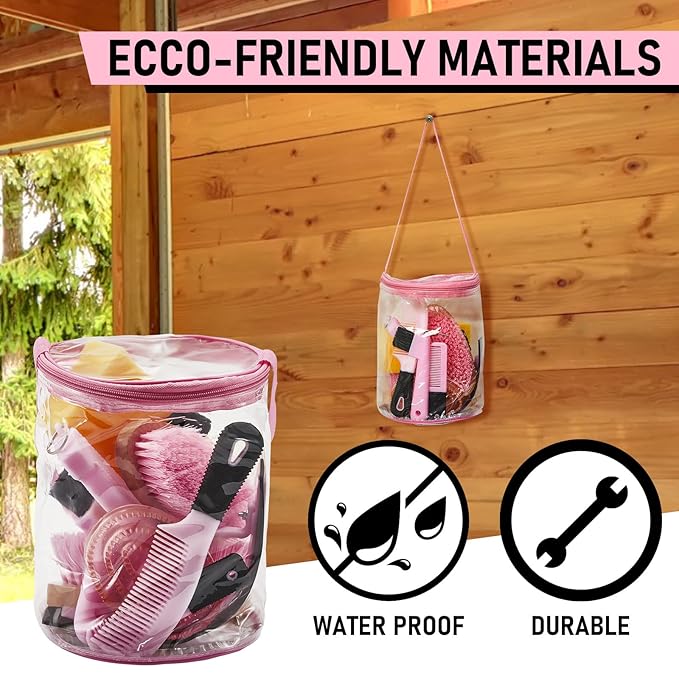 9 Pieces Horse Grooming Kit Tack Room Supplies Set with Organizer Tote Bag, Oval Massage Curry, Hard and Soft Brush, Hoof Pick, Sweat Scraper, Bathing Sponge, Combs for Horse Riders Beginners (Pink)