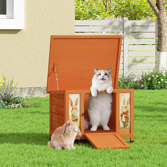 COZIWOW 24in Wooden Cat House Outdoor & Indoor Pet Shelter with Foldable Ramp - Weatherproof Rabbit Hutch with Unique Machine-Printed Art Designs for Cat, Rabbit, Guinea Pig (Orange)