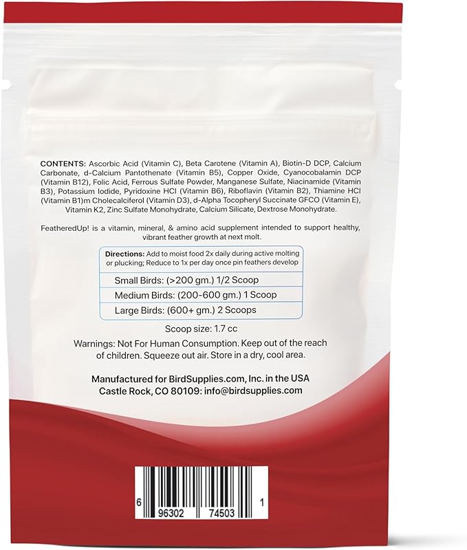 FeatherUp! Bird Vitamins with Biotin for Beautiful Plumage - Feather Growth Supplements for Parrots - 90 gm - 240 Servings