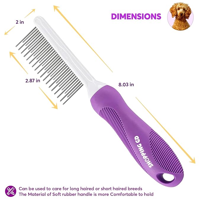 Detangling Pet Comb for Dogs & Cats with Long & Short Stainless Steel Metal Teeth for Removes Tangles and Knots - Detangler Grooming Tool for Dematting Matted Fur.