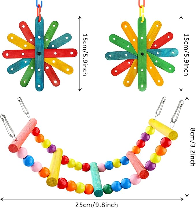 8 pcs Bird Toys for Parakeets with Colorful Ladder Hammock Bird Cage Accessories Bird Perch Stand Chewing Toys Hanging Bell Parrot