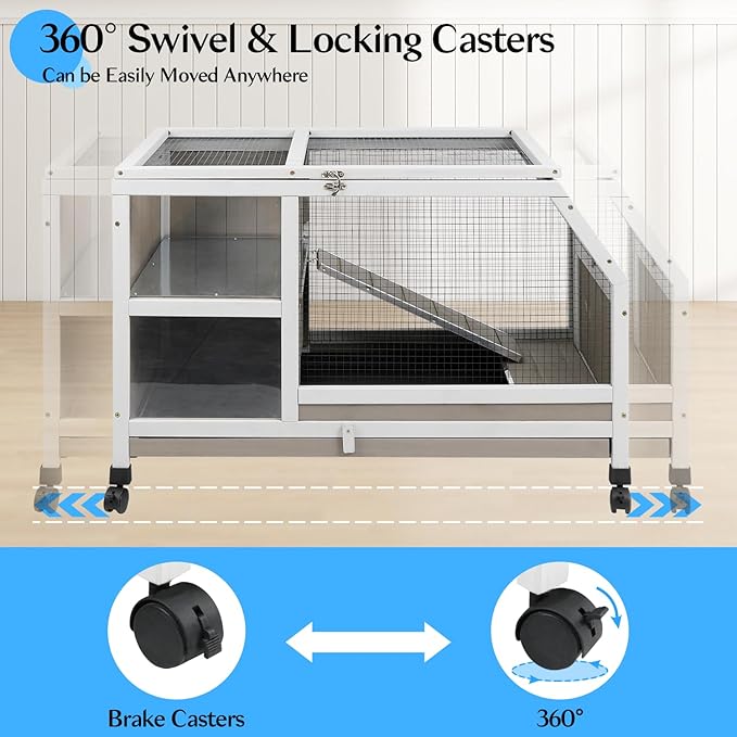 36''L Rabbit Hutch Outdoor with Casters and Run, Wooden Indoor 2 Story Guinea Pig Cage with Divider Panel, Pull Out Tray, Rabbit Duck Bunny House for Small to Medium Animals and Pet Lover, Gray