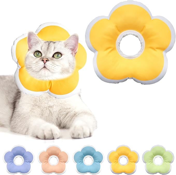 Cat Cone Collar Soft, Waterproof Cats Cones to Stop Licking After Surgery, Adjustable Soft Elizabeth Cats Collars for Wound Healing, Flower Shape Cat Recovery Collar (Yellow, Medium)