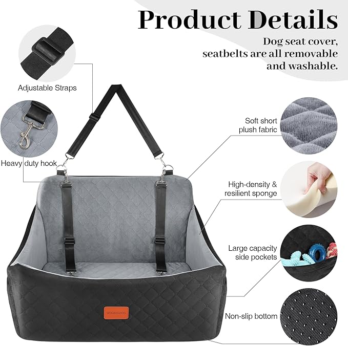 Dog Car Seat for Medium & Large Dogs Up to 55lbs, Memory Foam Cushion, Washable Cover, Safety Straps & Non-Slip Base(Black/Grey,Large)