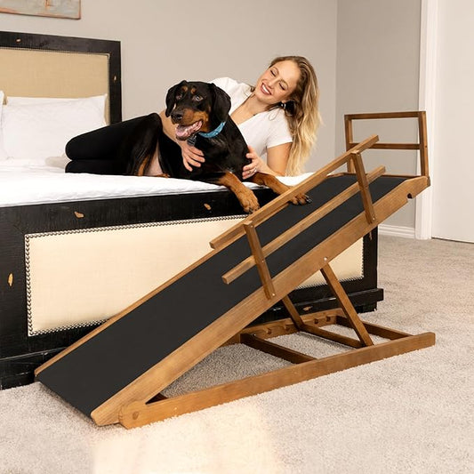 ABORON Folding Pet Ramp, 5-Level Adjustable Dog Ramp for Bed, Couch, SUV - High Traction Rubber Surface, Supports up to 200 lbs, 45.2" Long - Ideal for Small & Large Dogs & Cats,Brown Finish