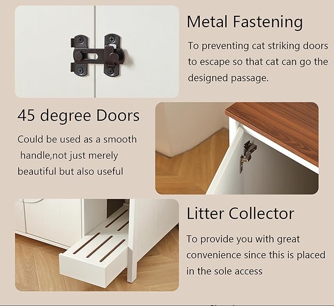 Cat-Faced Doors Cat Litter Robot Enclosure,Automatic Litter Box Enclosure for Litter Robot 3/4,Power Outlet for cat Litter Cabinet,Litter Collector,Dog-Proof Shelf,Antique White