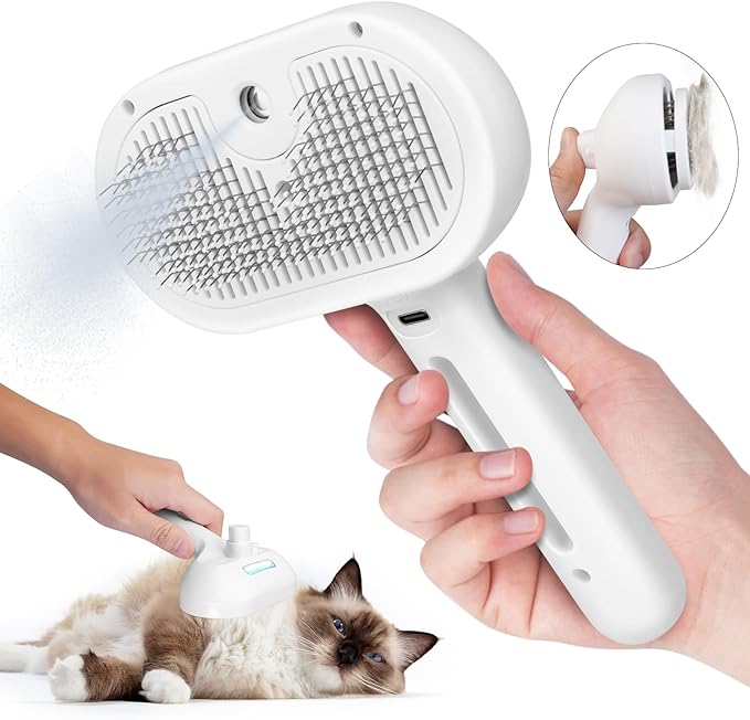 Cat Steam Brush, 3 In 1 Steamy Cat Brush with Release Button and Tank, Anti-Static Pet Spray Hair Removal Comb, Rechargeable Dog Steam Comb for Furry Pet