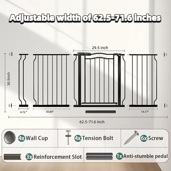 62.5"-71.6" Extra Wide Baby Gate for Doorways No Drill, Pressure Mounted Dog Gate Indoor, Walk Thru Pet Gate for Cat Dog Child,Pet Gates for The House Doorway Black