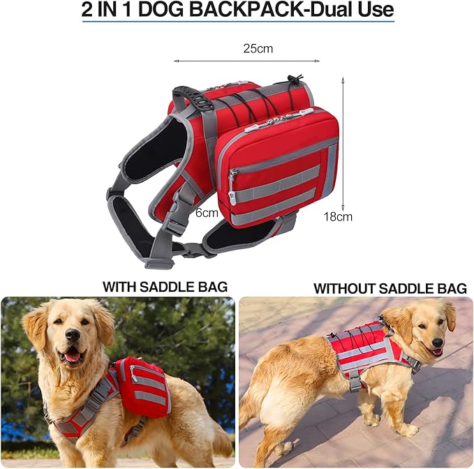 BYGD Dog Hiking Backpack, Dog Backpack for Medium to Large Dogs, with Large Capacity, 2 Spacious Side Bags for Walking, Training, Running, Harnessing Outdoor Hiking (L XL Red).
