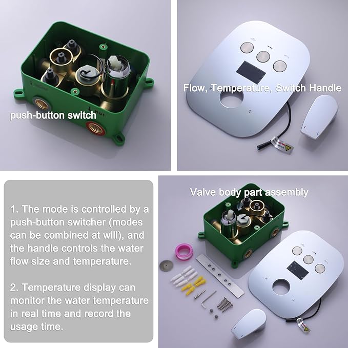 Chrome Shower System Set Temperature Display Push Button Shower Faucet with 12 inch and 8 inch Wall Mount Full Body Shower Head and Handheld Shower