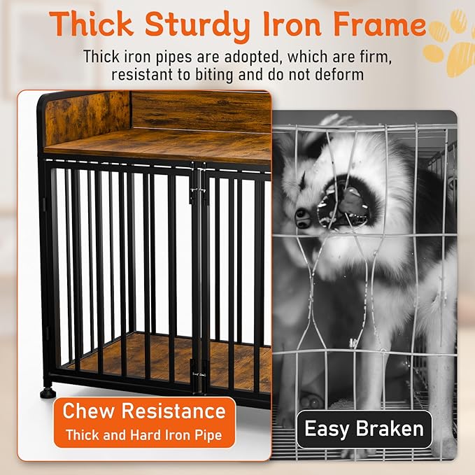 Dog Crate Furniture End Table with Table Guardrail, Heavy Duty Large Dogs Cage, 42 Inch Dog Kennel, Medium Large Dogs House Decorative Pet Crate Indoor