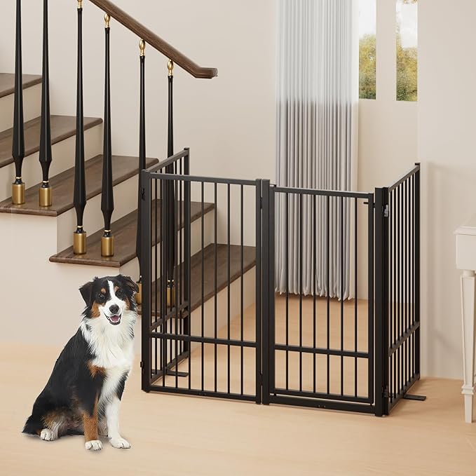 Full Metal Freestanding Dog Gate with Door, 36''Height Foldable Pet Dog Fence for Indoor & Outdoor, 4 Panels Extra Wide Free Standing TallDog Gates for Doorways,House,Stairs,Porch,Deck,Yard