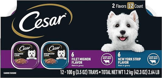 Cesar Filets in Gravy Adult Wet Dog Food, Filet Mignon and New York Strip Flavors Variety Pack, 3.5 oz. (12 Count, Pack of 1)
